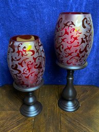 Wilmington Etched Hurricanes And Pedestals With Flameless Candles