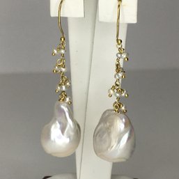 Fantastic Pair Brand New Genuine Baroque / Fireball Pearl Earrings With Sterling With 14K Gold Overlay Mounts