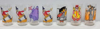 Collection Of Seven 1970's McDonald's Action Series Glasses - Ronald McD, Captain Crook, Hamburglar & Grimace