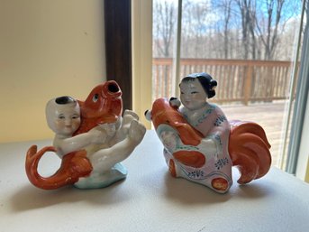 Pair Of Chinese Porcelain Figurines -children With Coy Fish