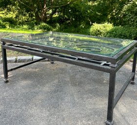 A Large Wrought Iron And Glass Spanish Style Coffee Table