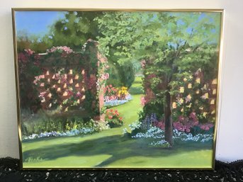 Signed Oil On Canvas Garden Wall Landscape View