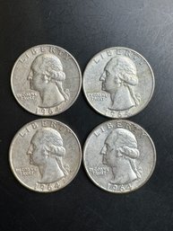 4 Washington Silver Quarters 1964 (2), 1964-D (2)