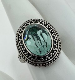 STERLING SILVER FACETED AQUA RHINESTONE RING