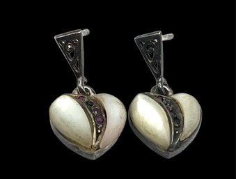 Vintage JC Designer Sterling Silver Mother Of Pearl Heart Dangle Earrings