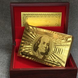 Fantastic Genuine Deck 999.9 Gold Leaf Playing Cards In Custom Mahogany Box - Great Gift Idea - Brand New !