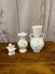 Belleek Shamrock Vases (2) & Angel Christmas Tree Ornament