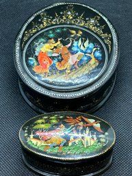 Pair Of Vintage Russian Hand Painted Lacquered Wood Trinket Boxes