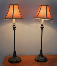 Pair Of Vintage Metal Stick Lamps And Shades