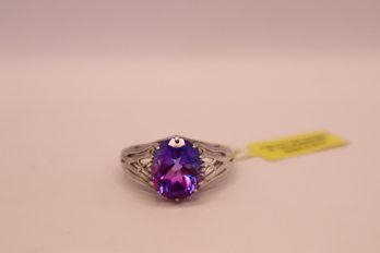 Midnight Fuschia Quartz Ring Set In Platinum Over 925 Sterling Size 11 Signed 'STS' Chuck Clemency