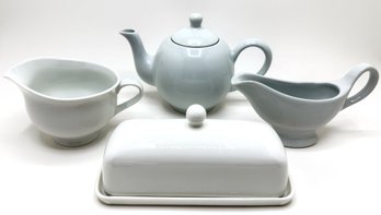 White Teapot By Apilco, Butter Dish By Nucookery, Creamer By Pottery Barn & Unbranded Gravy Boat