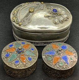 Pair Of Early Enameled Islamic Jewelry Boxes And Silvered Metal Casket Box