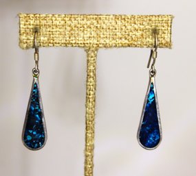 Fine Sterling Silver Turquoise Inlaid Mexican Drop Pierced Earrings