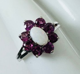 BEAUTIFUL VINTAGE STERLING SILVER PINK TOURMALINE AND OPAL RING