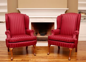 Set Of 2 Queen Ann Cranberry Sateen Stripe  High Wingback Chairs