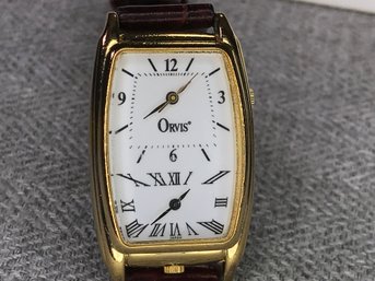 Beautiful $295 Ladies ORVIS Dual Time Zone Watch - Goldtone Case - Brown Alligator Strap - Preowned Watch