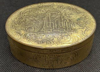 Antique Persian Gilt Trinket Box With Chased Decoration- Temples And Religious Iconography