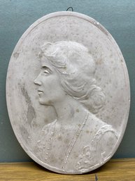 Antique Plaster Woman's Profile Wall Hanging. 'Mrs. Campbell' Signed Copyright 1901. J E Burdick.