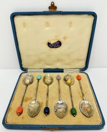 Set 6 W.H. Crouch Sterling Silver Enamel Spoons, England In Original Box