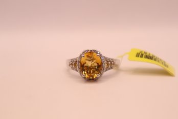 Brazillian Citrine, Cambodian Zircon Ring Set In Plat. Over 925 Sterling Size 11 Signed 'STS' Chuck Clemency