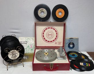 Vintage Spear Products (Bgpt, CT) 2-speed Electric Phonograph In Carry Case & Many 45 Records W/ Storage Racks