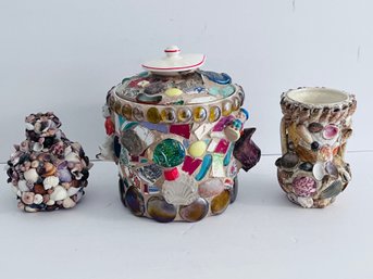 Folk Art Mosaic One-of-a-kind Cookie Jar & 2 Vases - Porcelain, Shell, And Stone