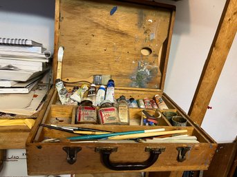 Vintage Painter's Case Box With Brushes, Oil Paints & More