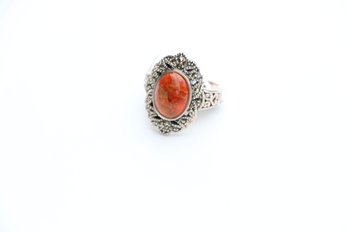 Sterling Silver 3.27 Carat Coral Marcasite Ring Size 9.50