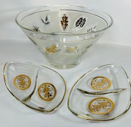 Lot: Clear Bowl, 2 Divided Plates With Gold Accents