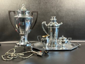 A Gorgeous Vintage Coffee Urn In Chrome With Matching Sugar & Creamer On Tray