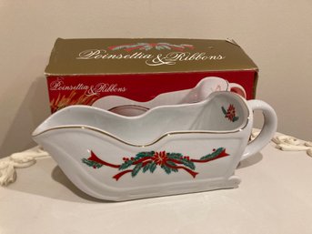 Poinsettia And Ribbons Fine China Sleigh Gravy Boat