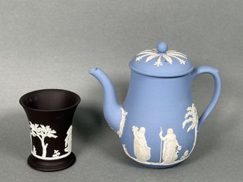 Vintage Wedgwood Jasperware Blue Teapot & Black Basalt Cup