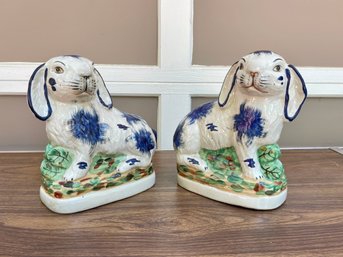 Pair Of Vintage Hand Painted Rabbit Porcelain Sculptures