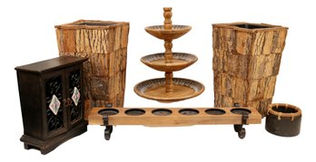 Set Of 6 Eclectic Assortment Of Wooden Table Top Decorative Accessories And Planters