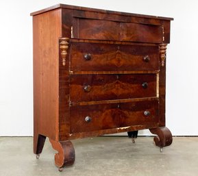 An Antique Empire Style Burl Wood Veneer Chest Of Drawers