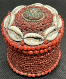 Vintage TIBETAN LADAKH Trinket Box- Adorned With Red Coral Beads And Cowrie Shells