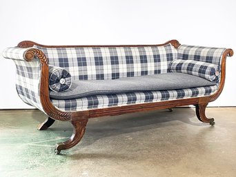 An Antique Carved Mahogany Duncan Phyfe Sofa In Attractive Plaid