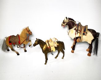 Three Horse Figures- One Completely Hand Made, Including Saddle- Hide & Horse Hair, One Flocked & One Brass