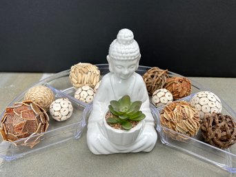 Organic Style Decorative Spheres And Goddess With Faux Succulent