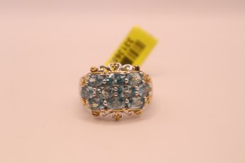 Cambodian Blue Zircon Ring Set In Vermeil YG & Platinum Over 925 Sterling Size 10 Signed 'STS' Chuck Clemency