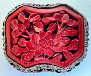 Antique Chinese Carved Red Cinnabar Flower Motif Brooch Pin