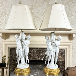 A Pair Of Vintage Neoclassical Porcelain Figural Lamps On Brass Bases