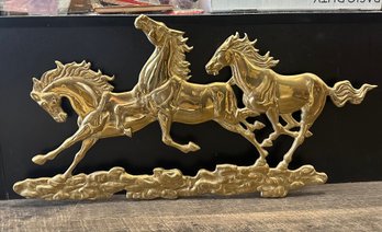 Vintage Brass Wall Hanging Of Three Horses Decorative Piece  24 X 13              LP/B5