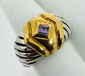 STERLING SILVER TWO TONE AND PURPLE STONE TWIST DESIGN RING