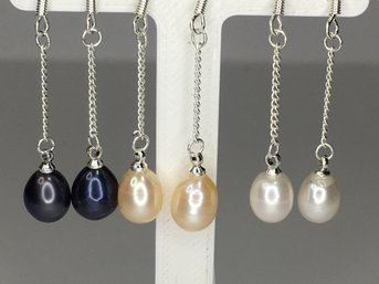 Wonderful Set Of Three (3) Pairs Of 925 / Sterling Silver And Genuine Cultured Baroque Pearl Drop Earrings