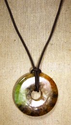 Large Hard Stone Jade Disc Formed Pendant On Cord