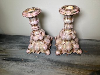 Lavender & Gold Majolica Candlesticks