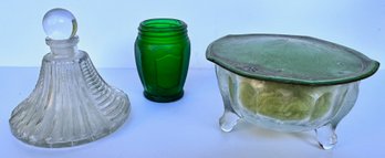 Vintage Art Deco Powder Puff Canister, Crystal Perfume Bottle & Green Jar