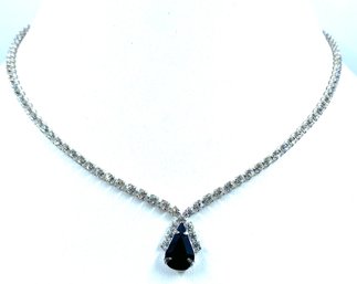 Vintage Rhinestone Necklace W/ Single Jet Teardrop Pendant