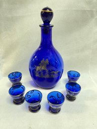 Cobalt Blue Glass, Lot With Sterling Silver Overlay